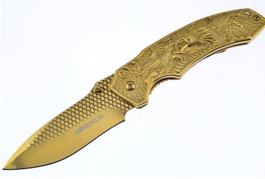 Gold Carved Dragon Pocket Knife |With belt Clip