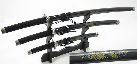 Black Flying Dragon 3 Katana Sword Set | With Included Stand Display