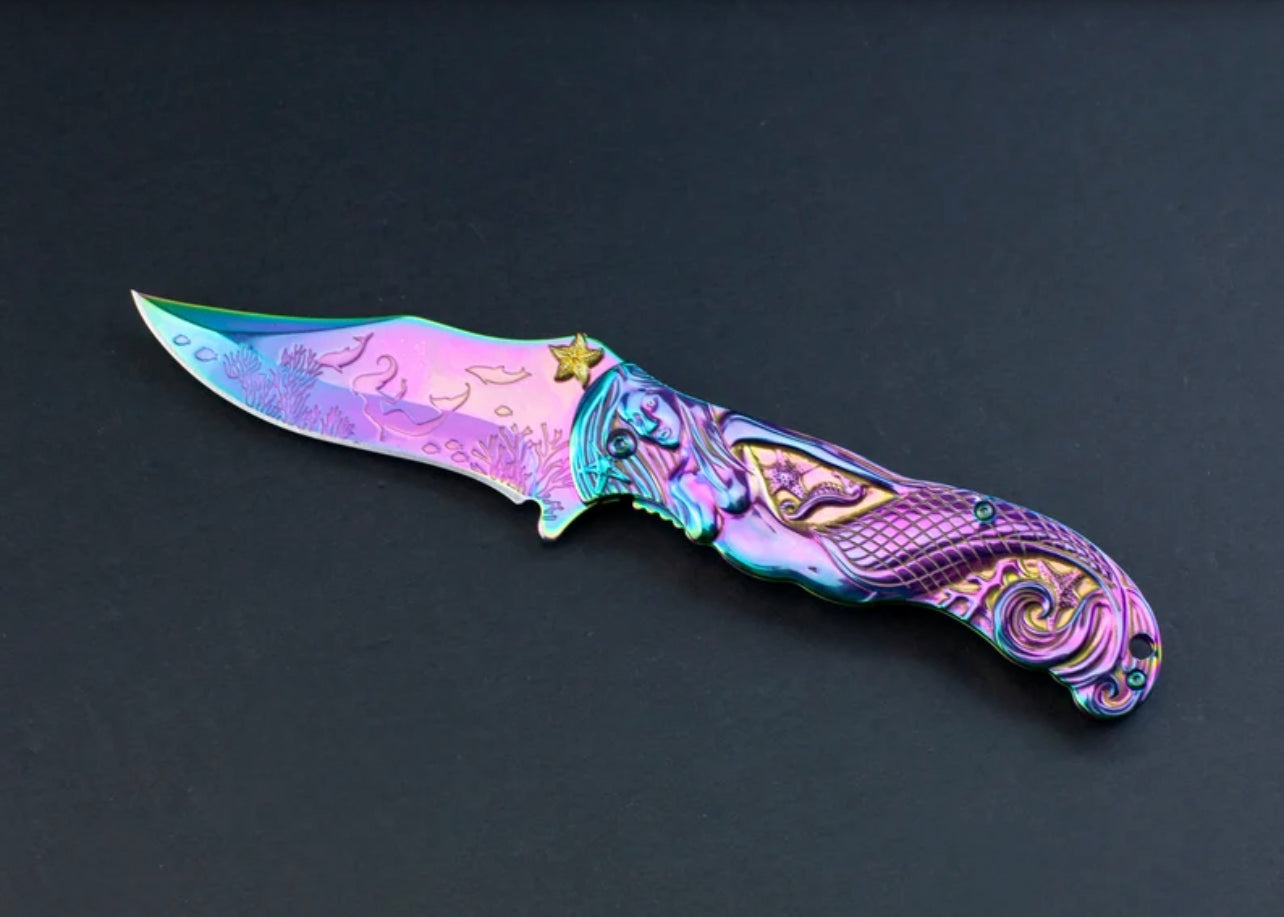 Chrome Mermaid Carved Pocket Knife