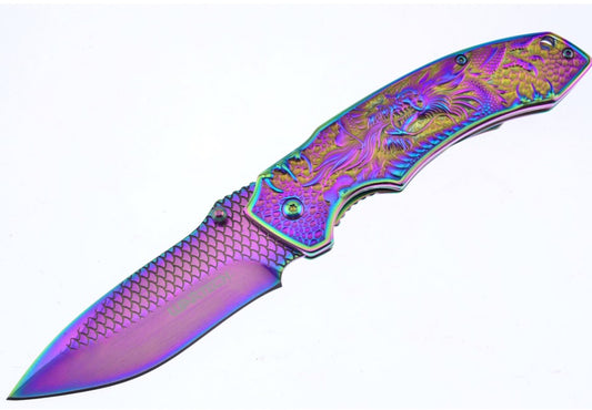 Chrome Carved Dragon Pocket Knife | With Belt Clip