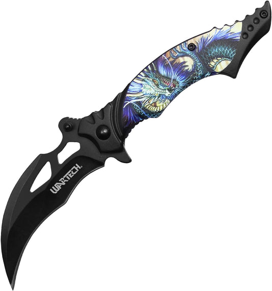 7.5" Overall Spring Assisted Folding Pocket Knife With Fantasy Dragon Aluminum Handle