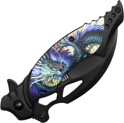 7.5" Overall Spring Assisted Folding Pocket Knife With Fantasy Dragon Aluminum Handle