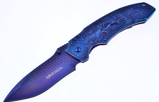 Blue Carved Dragon Pocket Knife | With Belt Clip