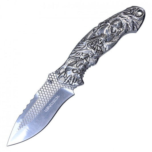 Spring-Assist Folding Knife 3.25in. Silver Skull Dragon Blade Tactical EDC | With Belt Clip