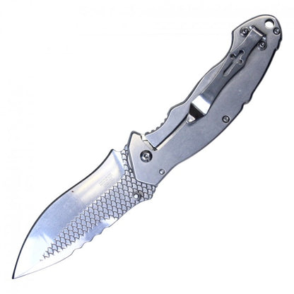Spring-Assist Folding Knife 3.25in. Silver Skull Dragon Blade Tactical EDC | With Belt Clip
