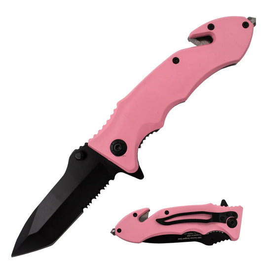 Tiger USA Spring Action Knife Pink Tanto | With Seatbelt Cutter, And Window Breaker