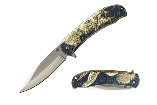 8″ Stainless Steel Assisted Folding Knife w/ 3D Eagle Engrave-Blue