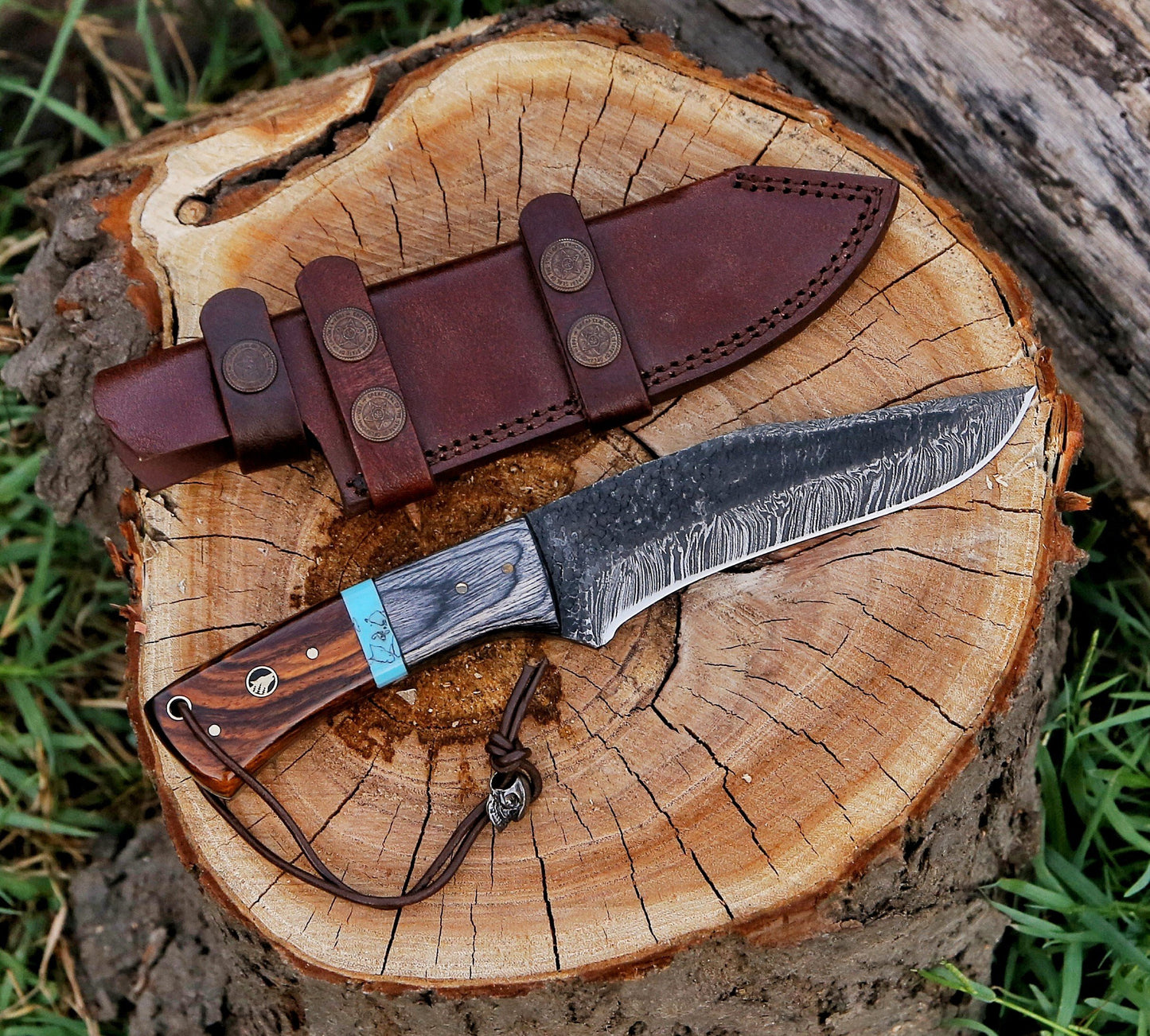 10" Custom Handmade Hammered Damascus Steel Hunting Bowie Knife