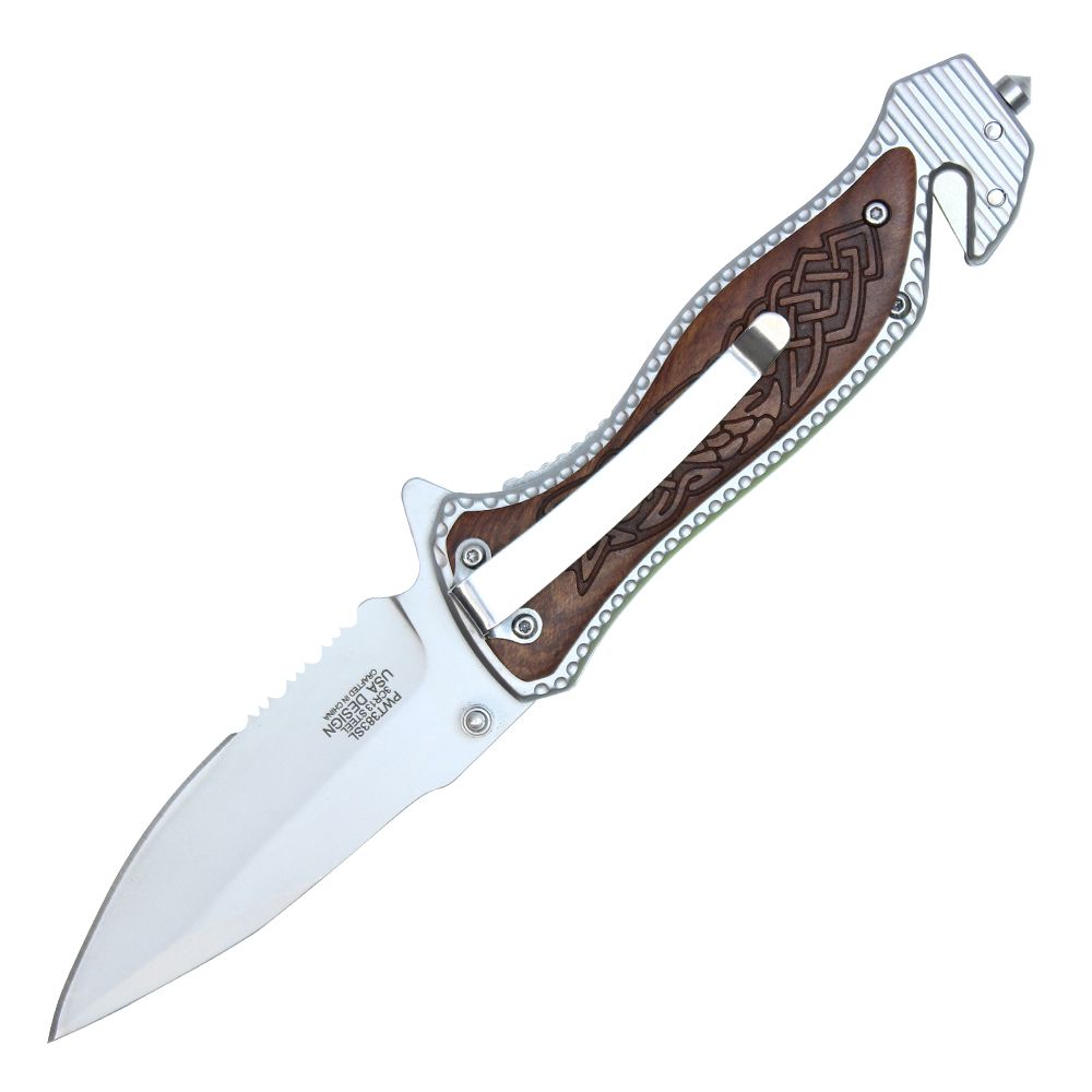 8" SILVER STAINLESS STEEL ASSISTED POCKET KNIFE W/ CELTIC PATTERNED HANDLE & SERRATED EDGE | With Sealtbelt, And Window Breaker