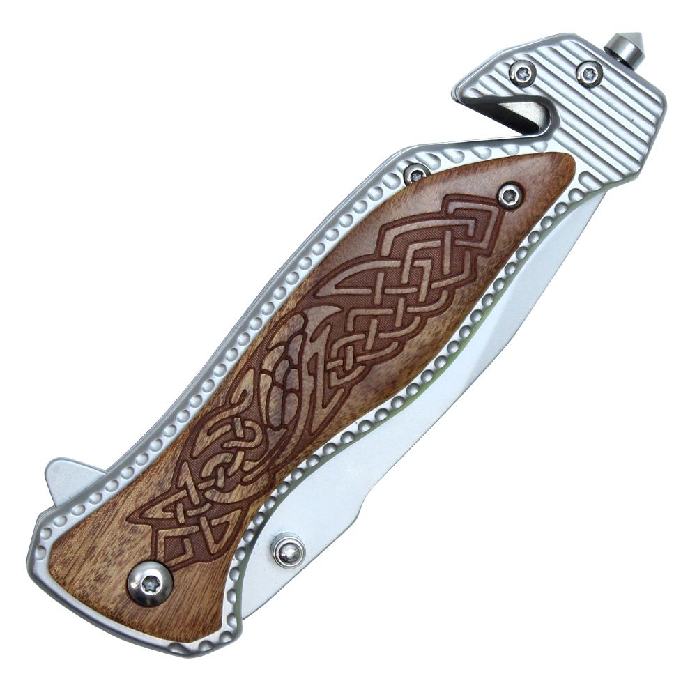8" SILVER STAINLESS STEEL ASSISTED POCKET KNIFE W/ CELTIC PATTERNED HANDLE & SERRATED EDGE | With Sealtbelt, And Window Breaker
